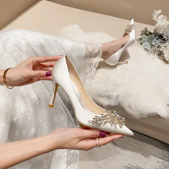 2022 Женские Туфли-лодочки С Кристаллами, Острый Носок, Однотонное Пятно, Неглубокое Противоскользящее Платье, Свадебная Обувь Для Невесты На Высоком Каблуке, Весенняя Обувь Zapato De Tacón
