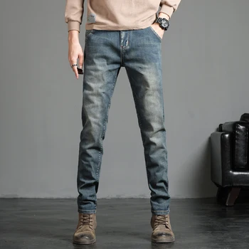 2023 Осенние Мужские джинсы Slim Fit Хлопчатобумажные стрейчевые Винтажные выстиранные джинсовые брюки Модные Повседневные Корейские брюки-карандаш Уличная одежда