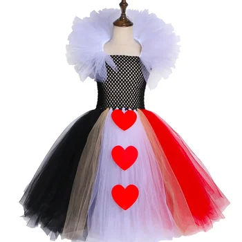 2024 Длинное платье-пачка Red Queen для маленьких девочек, костюмы ведьмы на Хэллоуин для детей, наряды для дня рождения с сердечками, детская одежда для косплея