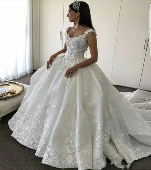 2024 Роскошные пышные свадебные платья с 3D-цветочными аппликациями, Тюлевые свадебные платья без рукавов с V-образным вырезом на спине для невесты, Vestidos De Novia
