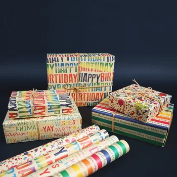 4 шт. Красочная подарочная упаковка на день рождения из крафт-бумаги для детей и взрослых, коричневая подарочная упаковка с радужными полосками и точками 