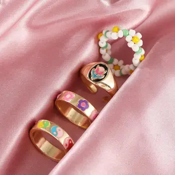 4шт Простых цветочных колец Инь-Ян Для женщин Креативный дизайн, Изящные Кольца на палец с несколькими бусинами 2021, Сладкий Ювелирный подарок