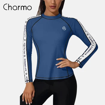 Charmo Женские рубашки с защитой от сыпи с длинным рукавом, купальники, топ с защитой от сыпи, топ для серфинга, облегающая рубашка UPF 50 +