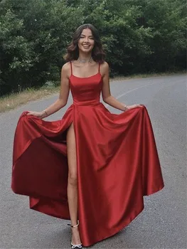 Funyue Простые темно-красные атласные платья для выпускного вечера для особых случаев, Длинное элегантное вечернее платье трапециевидной формы, Женское Сексуальное Вечернее платье с разрезом для вечеринки