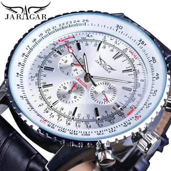 Jaragar Мужские модные автоматические механические часы с тремя пластинами и шестью контактами, мужские часы со светящимся указателем, Черный ремень