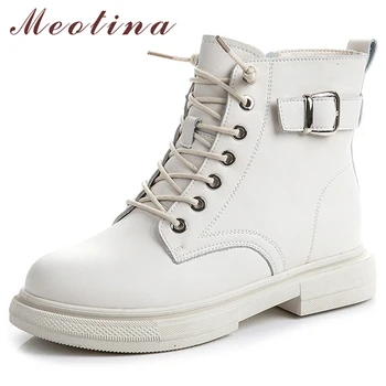 Meotina / Женские ботильоны из натуральной кожи, мотоциклетные ботинки на толстом среднем каблуке, женские ботинки на шнуровке с пряжкой и молнией, белые, осень-зима