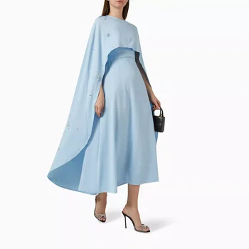 Muloong Синее Макси-платье трапециевидной формы с круглым вырезом, асимметричный халат длиной до щиколоток, классическое вечернее платье, платье для выпускного вечера со стразами Saudi Aribia