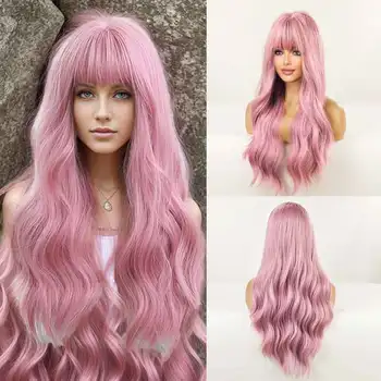oneNonly Длинный розовый Парик с челкой, Натуральная волна, Термостойкие Волнистые волосы, Синтетические парики для женщин, Косплей Лолиты