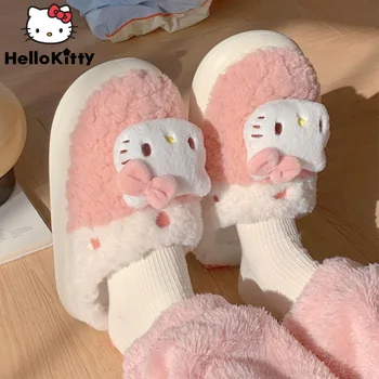 Sanrio Hello Kitty/ Милая домашняя хлопчатобумажная обувь с героями мультфильмов Kuromi Melody, милые пушистые тапочки Y2k, женская осенне-зимняя мягкая плюшевая обувь на плоской подошве