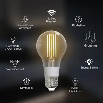 WiFi Умная Лампа накаливания LED Light Лампа E27 с регулируемой яркостью Освещения 2700K-6500K 806LM Tuya Alexa Google Voice Control 90-250 В 7 Вт