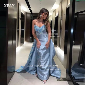 XPAY элегантный светло-голубой цветочный вечерние платья со съемной поезд атласная Саудовская арабский милая Пром платья вечернее платье