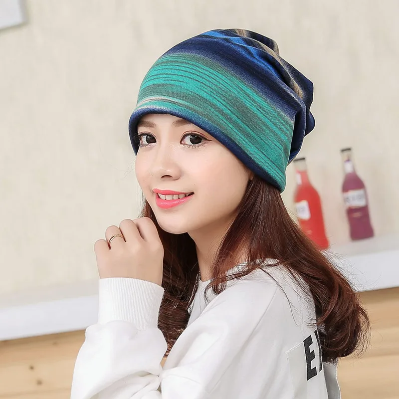 Зимние новые женские шапки, модный шарф в полоску с принтом, согревающие спортивные кепки для бега, Skullies Beanies