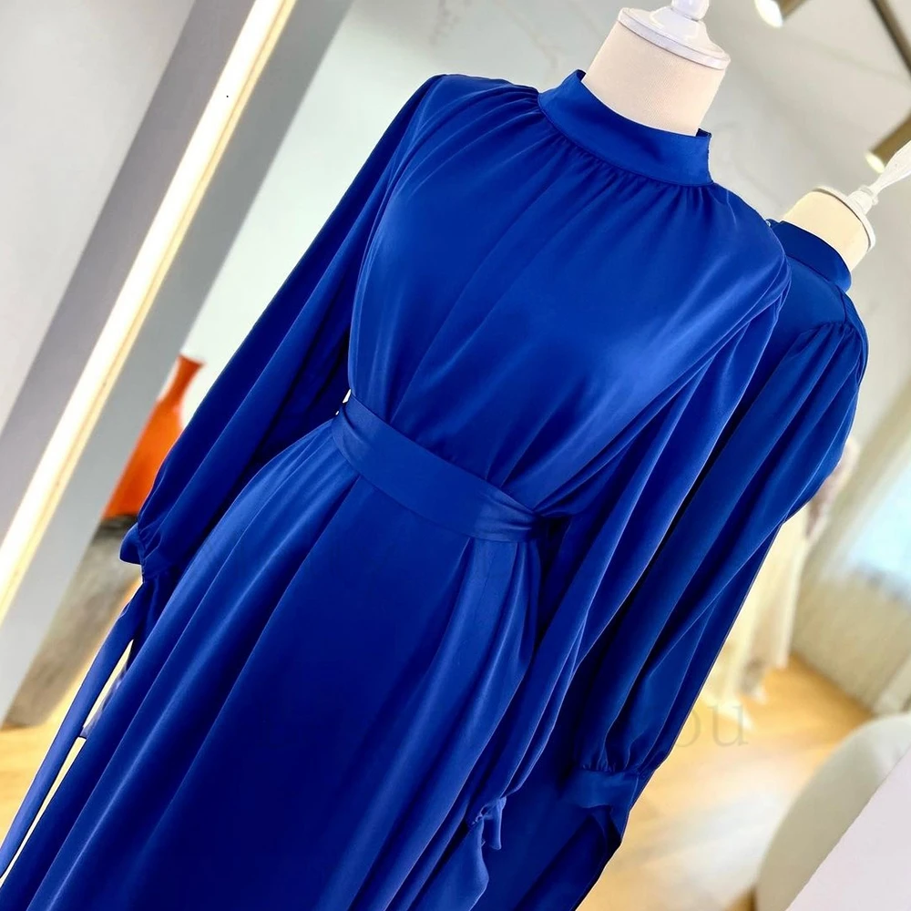 Вечерние платья Royal Blue с высоким воротом и длинным рукавом Rea Picture Элегантные платья для выпускного вечера со складками 2023 Vestido De Noche New