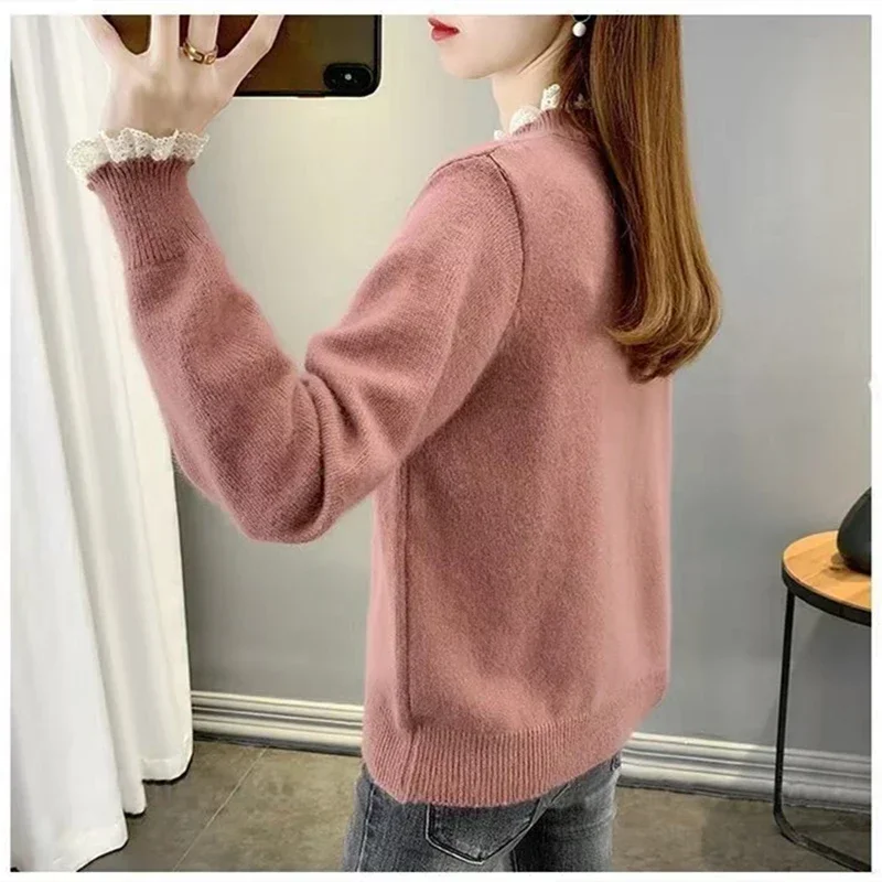 Кружевной свитер 2023, осенне-зимняя одежда, женский свитер с высоким воротом, Корейская версия, модный женский свитер с длинным рукавом, базовый топ
