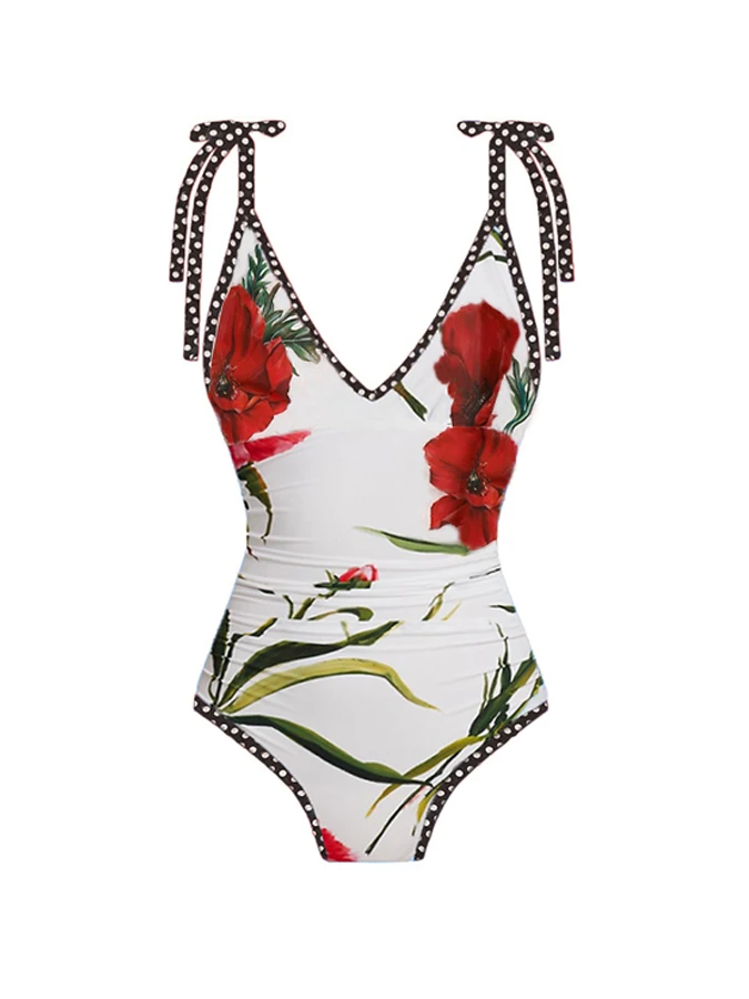Женский цельный купальник с принтом розы в стиле бохо, купальный костюм с V-образным вырезом, летние роскошные шорты 2023 года, Буркини, сексуальное бикини-монокини на бретелях