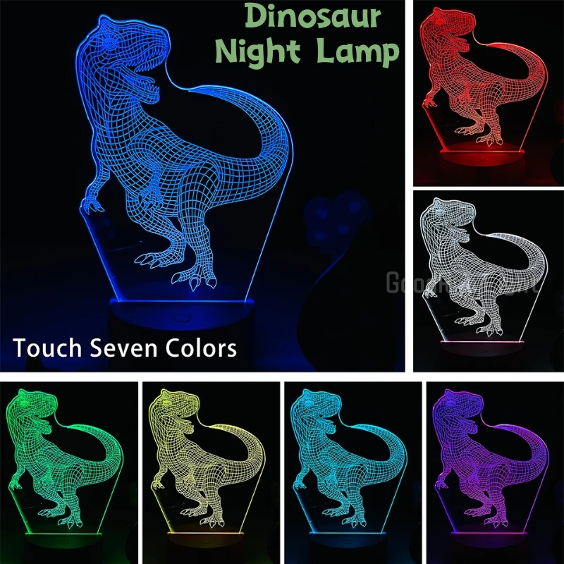 3D Ночник USB LED Touch, 7 цветов, Меняющая Прикроватную лампу, Украшение дома, Детская, Спальня, Свет, Игрушка в подарок на День рождения, Динозавр