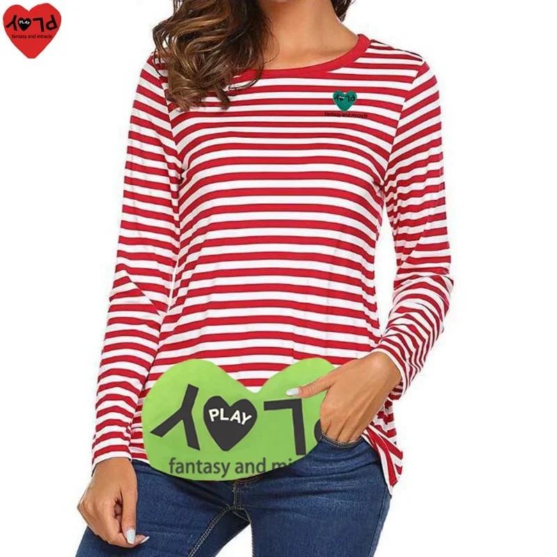 Женская футболка в полоску с длинным рукавом, вышивка буквами в виде сердца, нижняя половина футболки с принтом в виде сердца, хлопковая футболка с круглым вырезом, весенне-осенняя футболка
