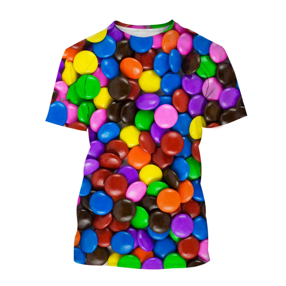 Интересные футболки с изображением сладких конфет, летние модные повседневные футболки унисекс с 3D-принтом, новые 3D забавные милые футболки с круглым вырезом и короткими рукавами