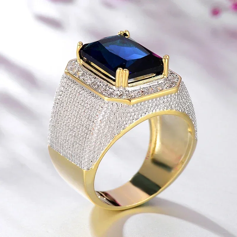 Великолепное широкое кольцо с синим/черным кубическим цирконием для мужской свадьбы, помолвки, роскошных аксессуаров, современной бижутерии для вечеринок