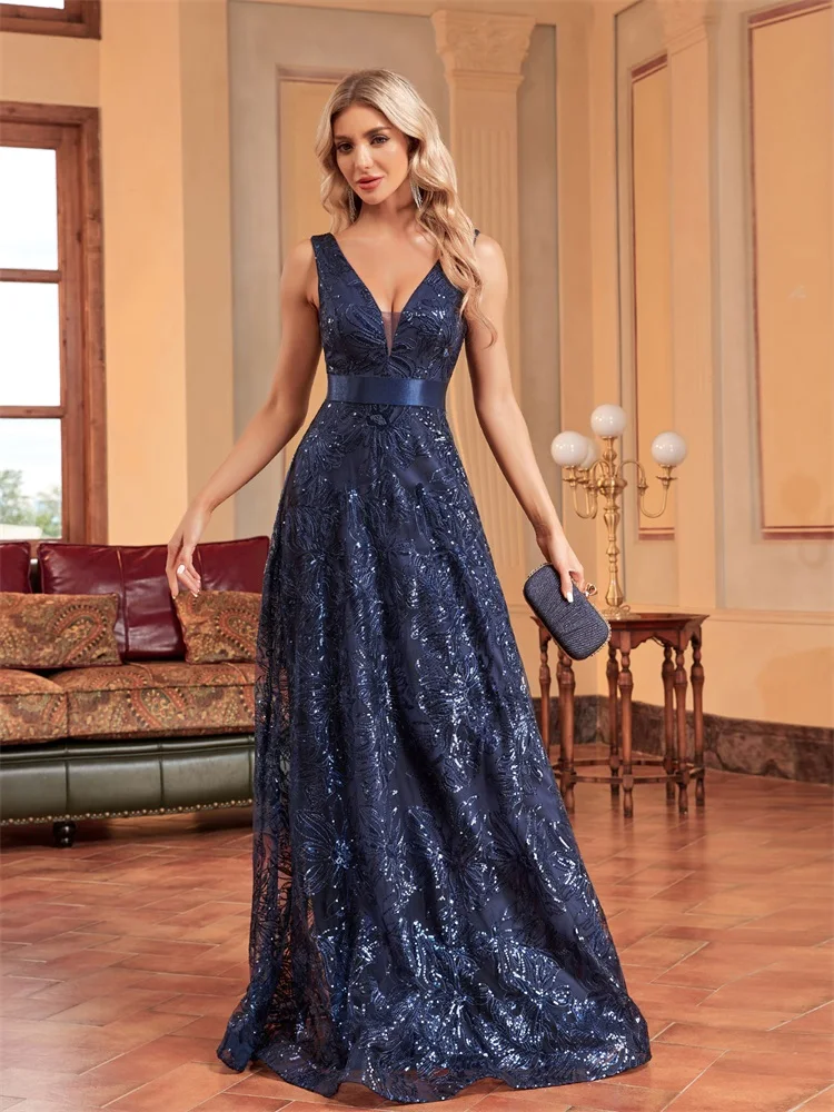 Lucyinlove Роскошное сексуальное синее вечернее платье с глубоким V-образным вырезом и блестками, женское элегантное свадебное платье с V-образным вырезом, длинное коктейльное платье для выпускного вечера