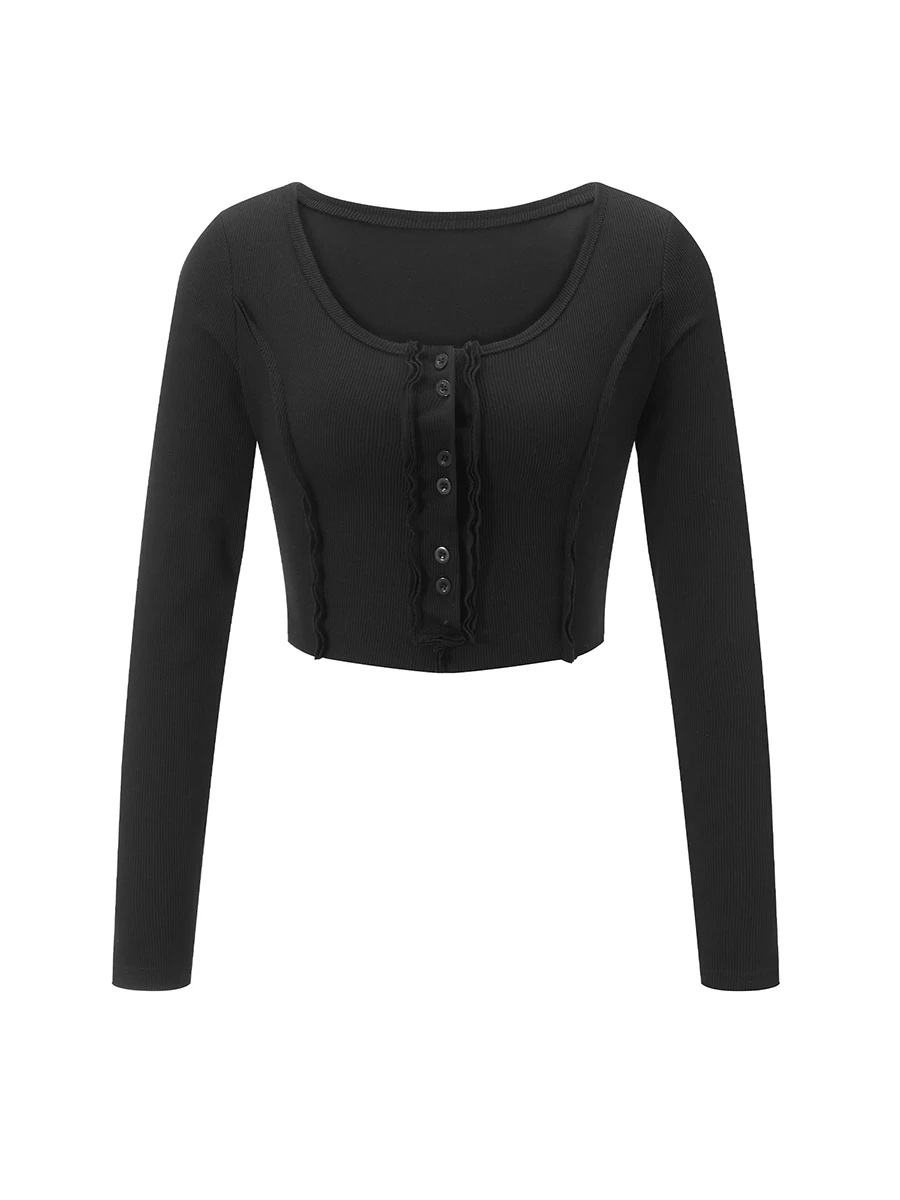 Женская трикотажная рубашка Henley с квадратным вырезом Y2K в рубчик и пуговицами, V-образный вырез, облегающие топы с длинными рукавами, клубная уличная одежда