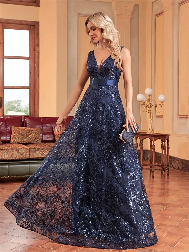 Lucyinlove Роскошное сексуальное синее вечернее платье с глубоким V-образным вырезом и блестками, женское элегантное свадебное платье с V-образным вырезом, длинное коктейльное платье для выпускного вечера