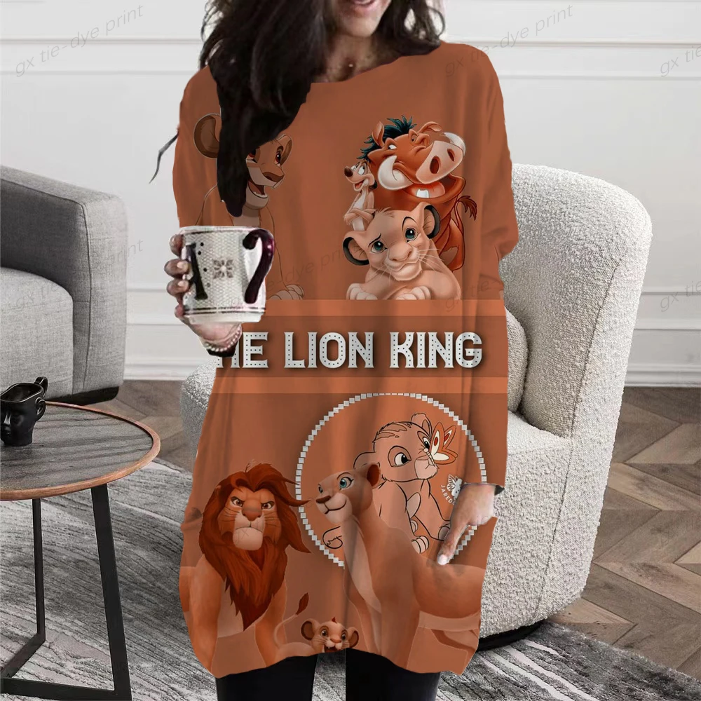 Осенняя женская длинная футболка Свободного кроя с принтом Disney Lion King Simba, топы с длинными рукавами и карманами, повседневные женские весенние уличные футболки