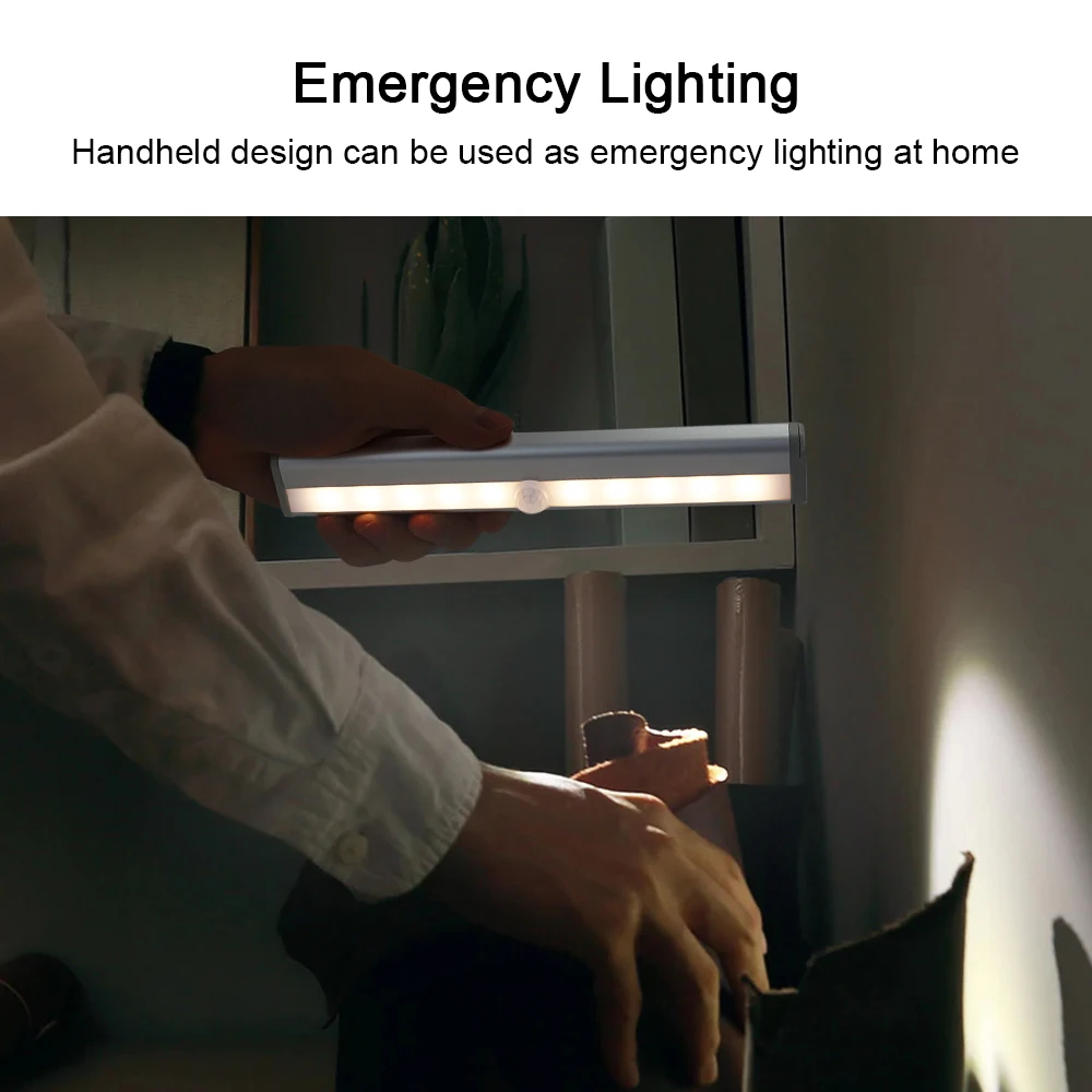 10 светодиодов Датчик движения PIR Беспроводные светодиодные ночники Светодиодная подсветка под шкафом для лестничного прохода, Декоративная ночная лампа