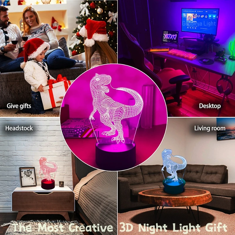 3D Ночник USB LED Touch, 7 цветов, Меняющая Прикроватную лампу, Украшение дома, Детская, Спальня, Свет, Игрушка в подарок на День рождения, Динозавр