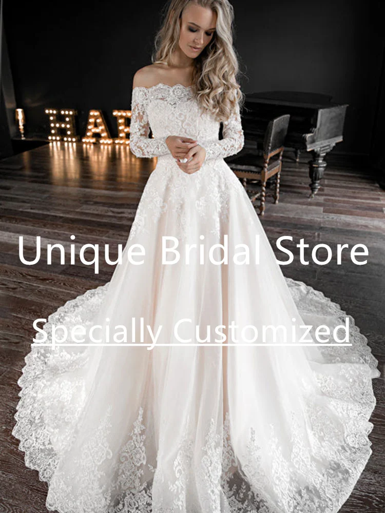 Изысканное свадебное платье из кружева Бато, аппликация, длинный рукав, бисероплетение, складка, шлейф на молнии, блестки, свадебное платье трапециевидной формы