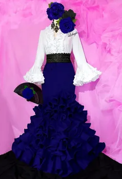 Белые и Королевски-Синие Платья Русалки Для Выпускного вечера Falda de Flamenca Modelo Macarena С оборками, Испанские Вечерние Платья с рукавом