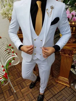 Белые Мужские костюмы Slim Fit, комплект из 3 предметов, Куртка, Пальто, Свадебный Смокинг На Заказ, Мужская одежда Для Выпускного вечера, Костюм Homme (куртка + жилет + брюки)