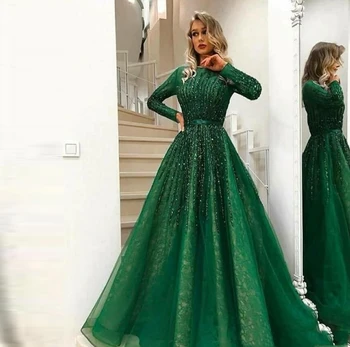 Великолепное Зеленое Блестящее Вечернее платье из бисера 2020 С длинными рукавами Abiye Винтажные Кружевные платья для выпускного вечера Vestido Longo Abendkleider