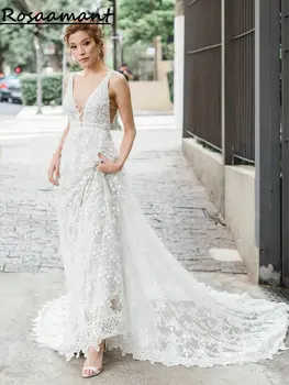 Великолепные свадебные платья с V-образным вырезом и открытой спиной, Трапециевидное свадебное платье без рукавов с 3D цветочным кружевом в стиле Кантри
