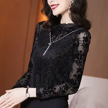 Весенняя новая Тонкая кружевная открытая черная рубашка с длинным рукавом и круглым вырезом, однотонные облегающие универсальные топы, винтажная элегантная женская одежда