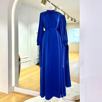 Вечерние платья Royal Blue с высоким воротом и длинным рукавом Rea Picture Элегантные платья для выпускного вечера со складками 2023 Vestido De Noche New