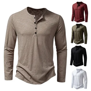 Высококачественная осенняя модная футболка, мужская хлопковая Повседневная однотонная блузка с V-образным вырезом, рубашка Генри