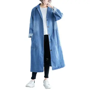 Джинсовое пальто X-long, женская джинсовая куртка, пальто Весна-осень, Однобортная ветровка с вырезанным вырезом и карманом, женские прямые пальто