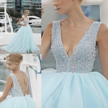 Длинное льдисто-голубое сексуальное платье для выпускного вечера с глубоким V-образным вырезом, расшитое бисером, с открытой спиной, вечернее платье для приема гостей