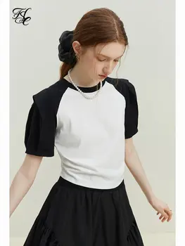 Женская повседневная футболка контрастного цвета с короткими рукавами 2023, новый летний нишевый топ в корейском стиле для женщин, черный
