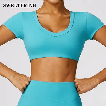 Женская футболка для йоги, укороченный топ, сексуальный топ для фитнеса, рубашка для тренировок в тренажерном зале, спортивная футболка для йоги с коротким рукавом, топ для женщин