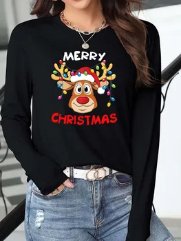 Женская футболка обычного размера с коротким рукавом, милые рождественские огни, принт лося, круглый вырез, несколько цветов, размеры от S до 2XL