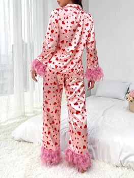 Женские атласные пижамные комплекты с отделкой из перьев, рубашка с длинным рукавом и брюками на пуговицах, пижамы для отдыха из 2 предметов