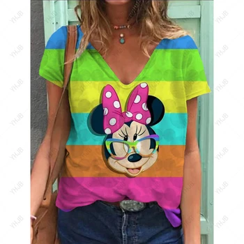 Женские футболки с коротким рукавом и V-образным вырезом с принтом Disney Minnie Mickey, летняя повседневная модная женская футболка, женская одежда больших размеров