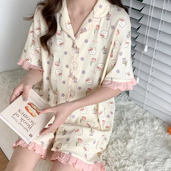 Женский пижамный комплект в корейском стиле, студенческие топы с коротким рукавом + шорты, комплект из 2 предметов, милая пижама для отдыха с оборками для девочек, Пижамы