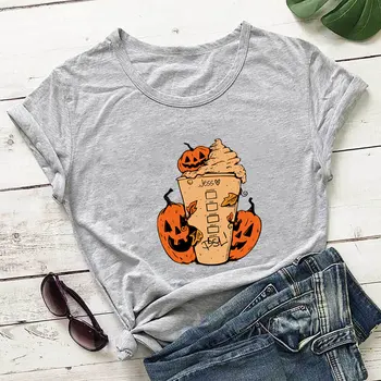 Забавная рубашка на Хэллоуин с кофейной тыквой и графическим принтом, женская футболка из 100% хлопка, Унисекс, Забавная Летняя повседневная футболка с коротким рукавом