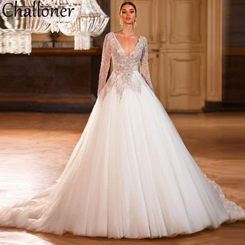 Изысканное свадебное платье Challoner с глубоким V-образным вырезом, блестящее для женщин, с длинными рукавами, расшитое бисером, свадебные бальные платья Vestido de Novia