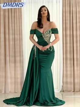Изящное платье для выпускного вечера с открытыми плечами, блестящие бусины, коктейльные платья с пайетками, Зеленое атласное длинное вечернее платье в складку Robe De Mariée