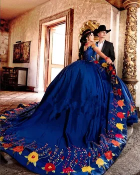 Королевское синее Мексиканское платье Charro Quinceanera 2024 с открытыми плечами и цветочной вышивкой vestido de 15 quinceaneras Sweet 16 Платье