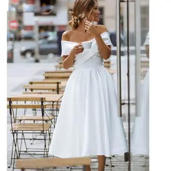 Короткие атласные свадебные платья, свадебное платье трапециевидной формы с крестом, простое винтажное вечернее платье-халат чайной длины на шнуровке с открытыми плечами.